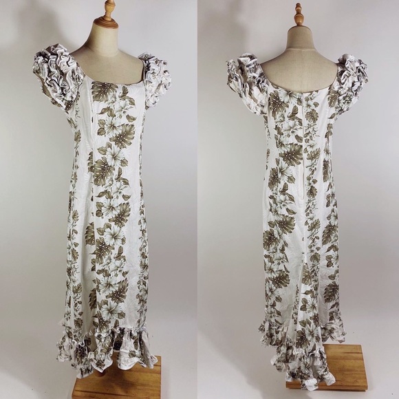 Vintage Dresses & Skirts - VINTAGE 90s Hawaiian Puff Ruffle Sleeve Monstera Tropical Leaf Maxi Dress Large